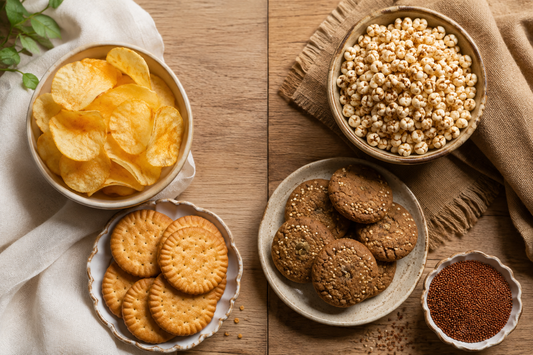 Comparison of regular fried snacks and healthy millet-based snacks like roasted puffs and cookies on a wooden table