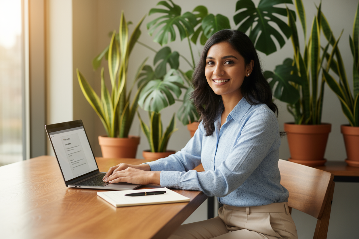 A bright, welcoming photo of an Indian customer service representative sitting at a wooden desk with a laptop and notepad, green indoor plants in the background, warm natural light, modern office feel, friendly smile, soft focus, professional look.