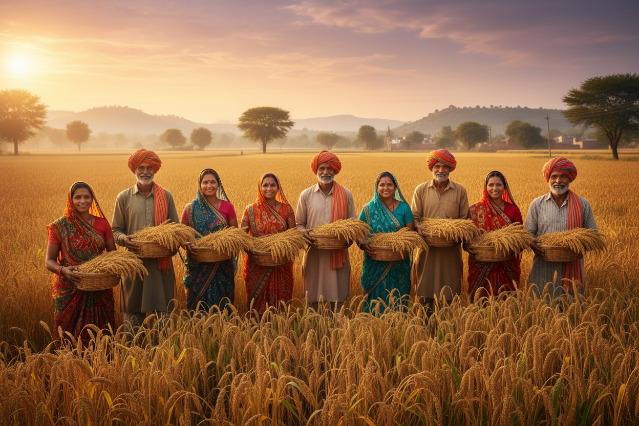 Group of Indian farmers (men and women) in colorful traditional attire standing in millet fields holding baskets full of millets, golden sunlight, warm earthy tones, natural background, authentic rural India vibe
