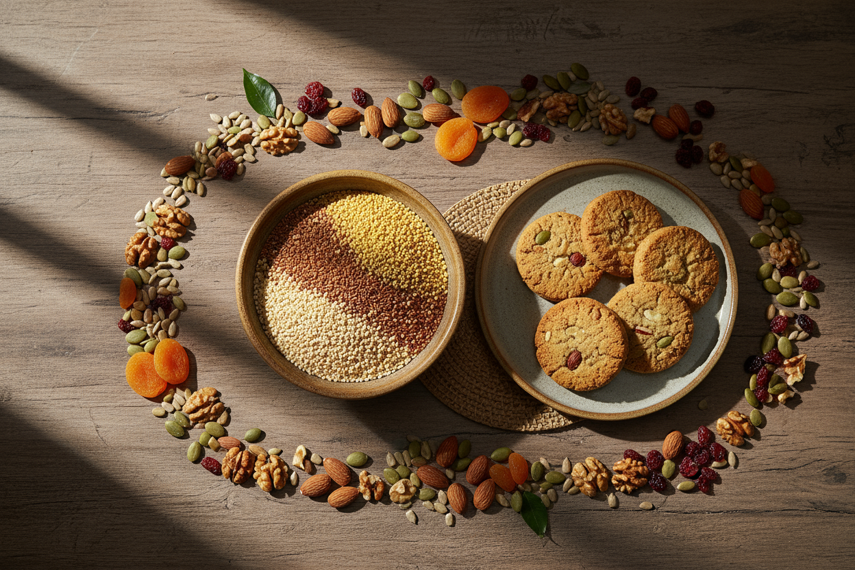 Healthy lifestyle flat lay — bowl of millets, ragi biscuits, and natural snacks on a wooden table with soft daylight and organic aesthetic.